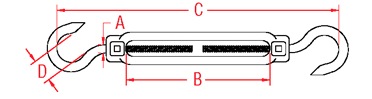 Stainless Steel Forged Hook and Hook Turnbuckle, S0111-HH07, S0111-HH08, S0111-HH10, S0111-HH13, S0111-HH16, S0111-HH20, Line Drawing
