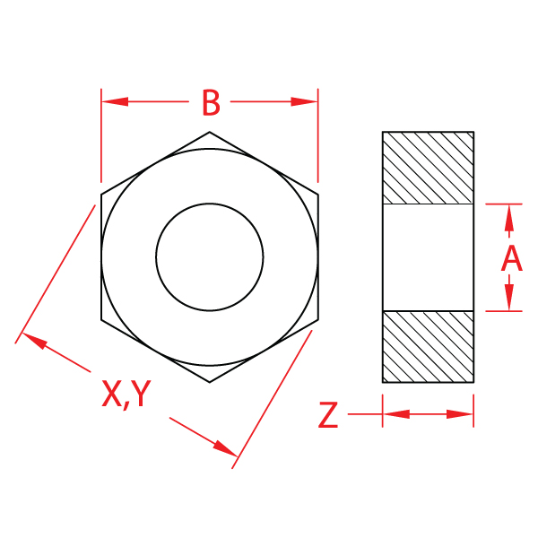 Stainless Steel Left Hand Hex Nut - UNC, S0302-0005, S0302-0007, S0302-0008, S0302-0010, S0302-0013, S0302-0016, S0302-0020, S0302-0025, S0302-0028, S0302-0032, Line Drawing