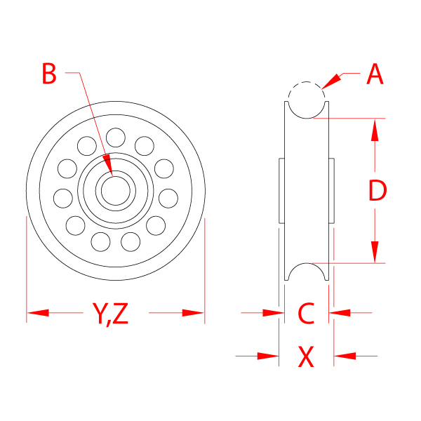 Stainless Steel Rope Sheave with Bushing, S0400-0025, S0400-0032, S0400-0050, Line Drawing