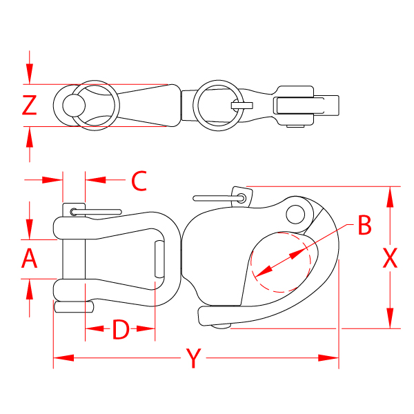 Stainless Steel Heavy Duty Jaw Swivel Snap Shackle, S0171-0001, S0171-0002, S0171-0003, Line Drawing