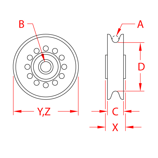 Stainless Steel Rope Sheave with Bushing, S0400-0025, S0400-0032, S0400-0050, Line Drawing